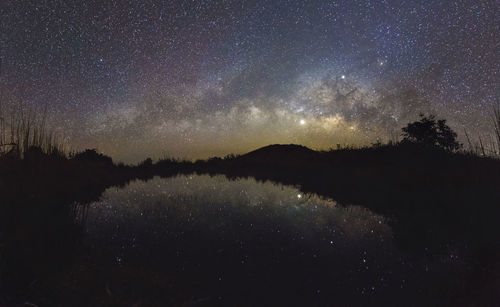 Scenic view of lake against sky at night