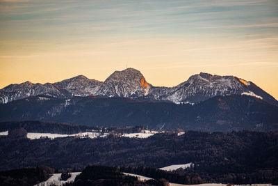 Scenic view of snowcapped mountains against sky during sunset