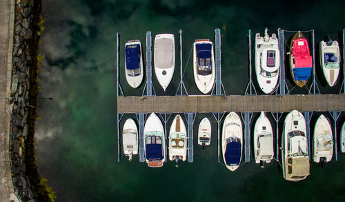 High angle view of boats moored in river
