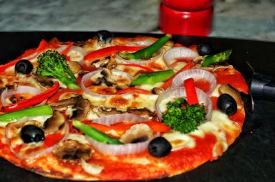 Close-up of pizza served in plate