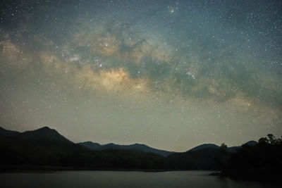 Scenic view of mountains against sky at night