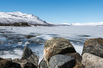 Scenic view of sea against clear sky during winter