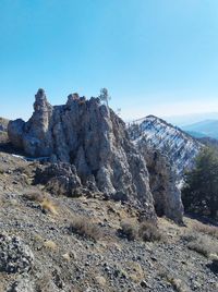 Rock formations against clear blue sky