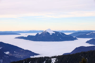 Scenic view of snowcapped mountains against sky during sunset