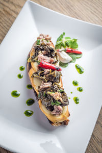 High angle view of food served in plate