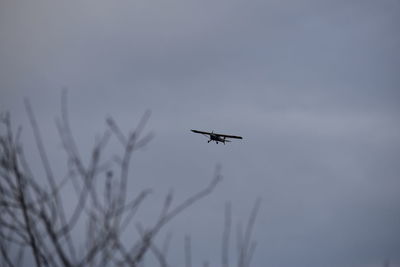 Low angle view of airplane flying against sky