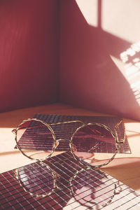 Close-up of eyeglasses on table