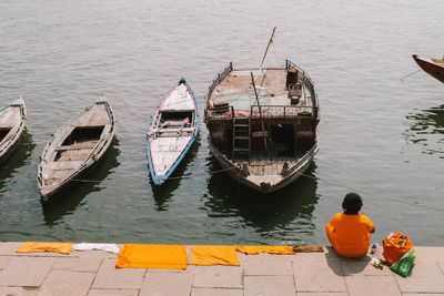 High angle view of boats moored in lake