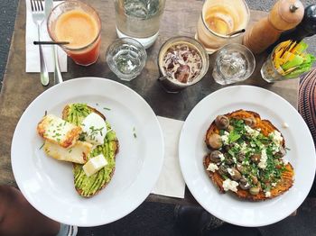 High angle view of food served on table