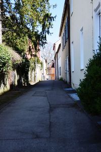 Empty road amidst buildings against sky