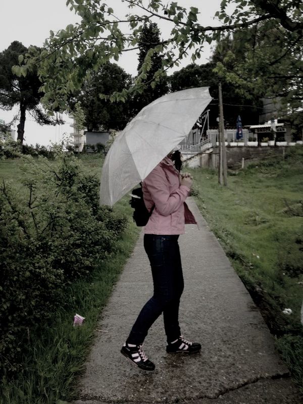 full length, casual clothing, lifestyles, childhood, tree, leisure activity, person, rear view, standing, umbrella, girls, walking, grass, elementary age, road, front view, day, street