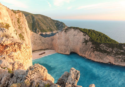 Scenic view of navagio beach against sky