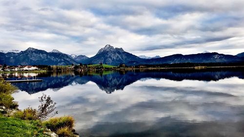 Scenic view of lake and mountains against sky