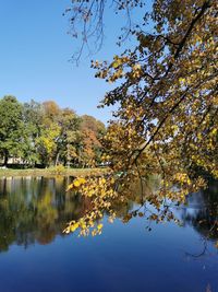 Reflection of trees in lake against sky