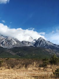 Scenic view of snowcapped mountains against sky