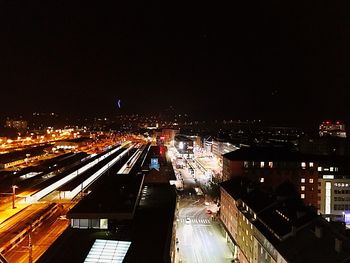 High angle view of light trails on road at night