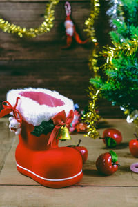 Close-up of illuminated christmas tree on table