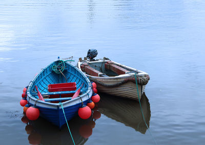 High angle view of boats moored in lake