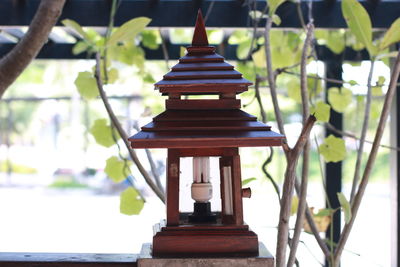 Low angle view of electric lamp in building