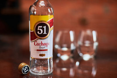 Close-up of glass bottle on table