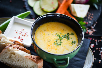 High angle view of breakfast on table