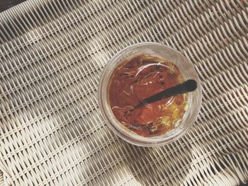 High angle view of drink on table