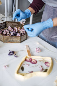 High angle view of epoxy resin decorations on table