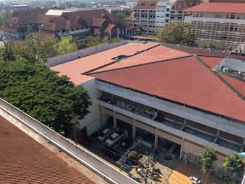 High angle view of buildings in city