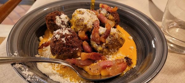 High angle view of food in plate on table