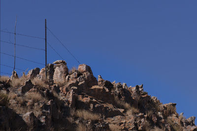 Low angle view of rock formation against clear blue sky