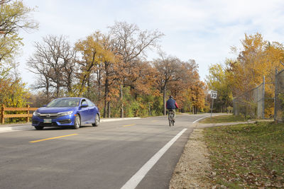 Rear view of man on road in city during autumn