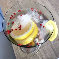 High angle view of fruits in bowl on table