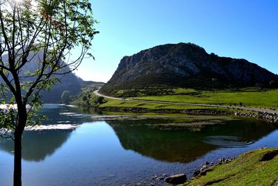 Scenic view of lake against clear blue sky