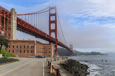 View of suspension bridge against cloudy sky