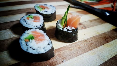 Close-up of sushi served on table