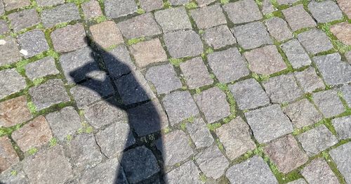 Shadow of cropped hand gesturing on footpath during sunny day