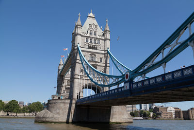 Low angle view of tower bridge over thames river against clear sky