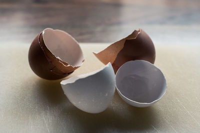 Close-up of eggshells on table