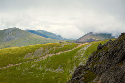 View at yr wyddfa - snowdon. highest mountain range in wales. snowdonia national park. uk.