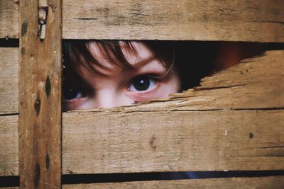 Close-up of boy peeking through wood