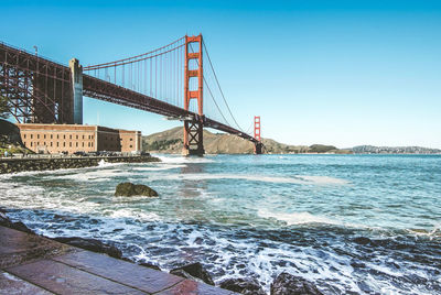 View of suspension bridge over sea golden gate