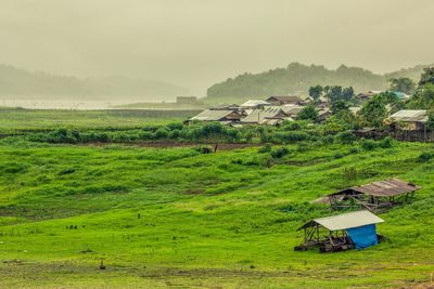 Scenic view of agricultural field by houses against sky
