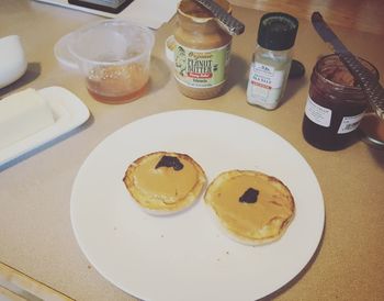 High angle view of breakfast on table