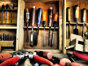 Close-up of tools on table