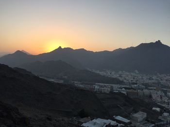 High angle view of townscape against sky during sunset