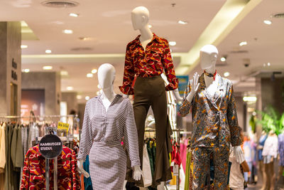Rear view of clothes for sale in store