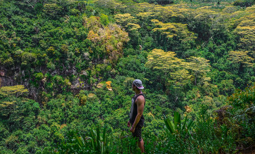 Man standing amidst plants against forest