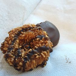 Close-up of chocolate cookie on tissue