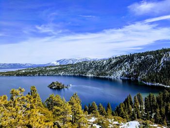 Scenic view of lake and mountains against blue sky