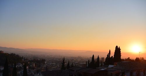 Silhouette of buildings at sunset